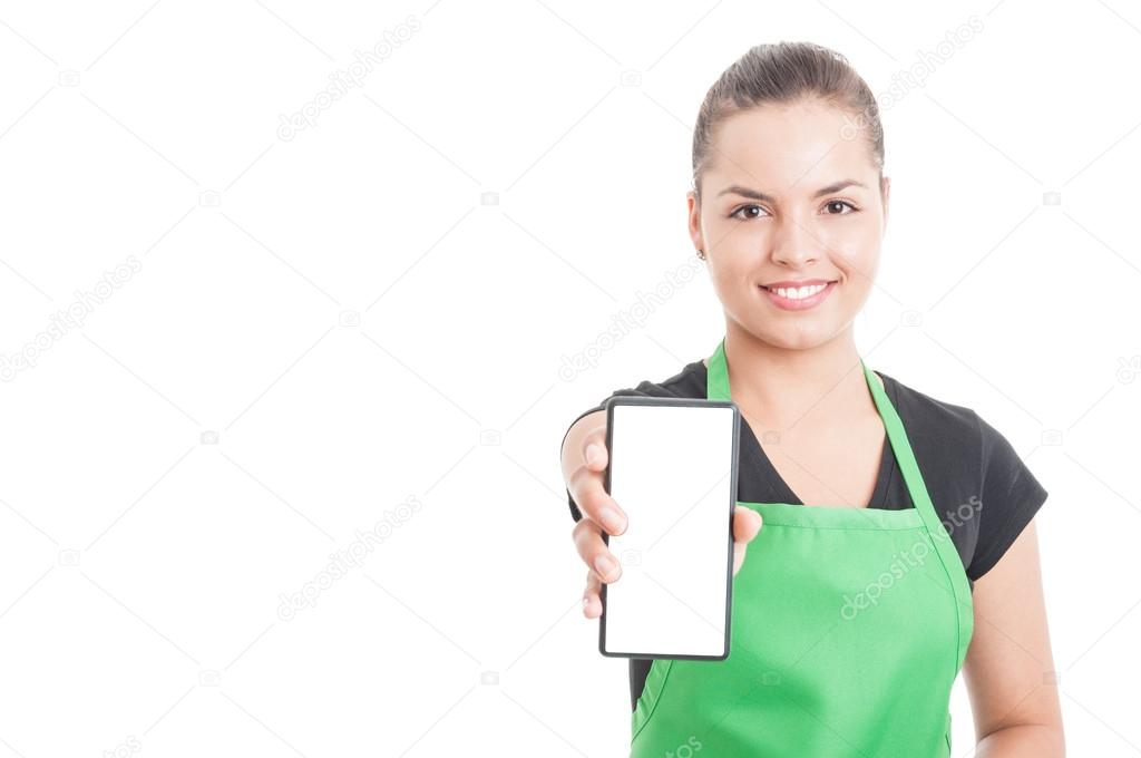 Joyful hypermarket employee holding smartphone