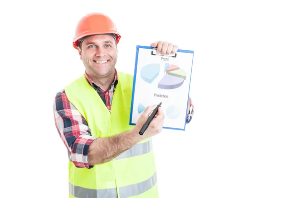 Cheerful builder holding progress report — Stock Photo, Image