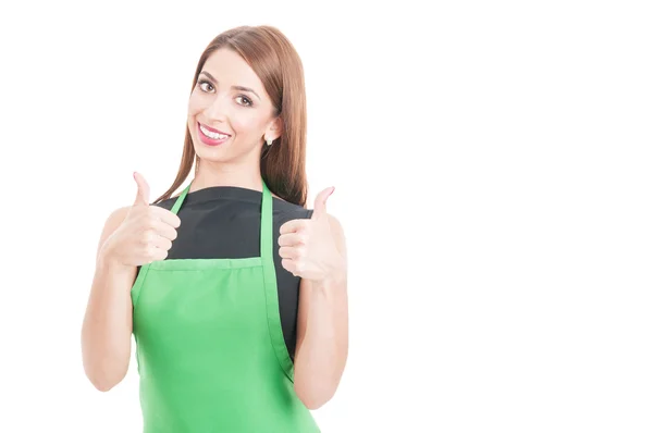 Beautiful young employee giving double thumbs up — Stock Photo, Image