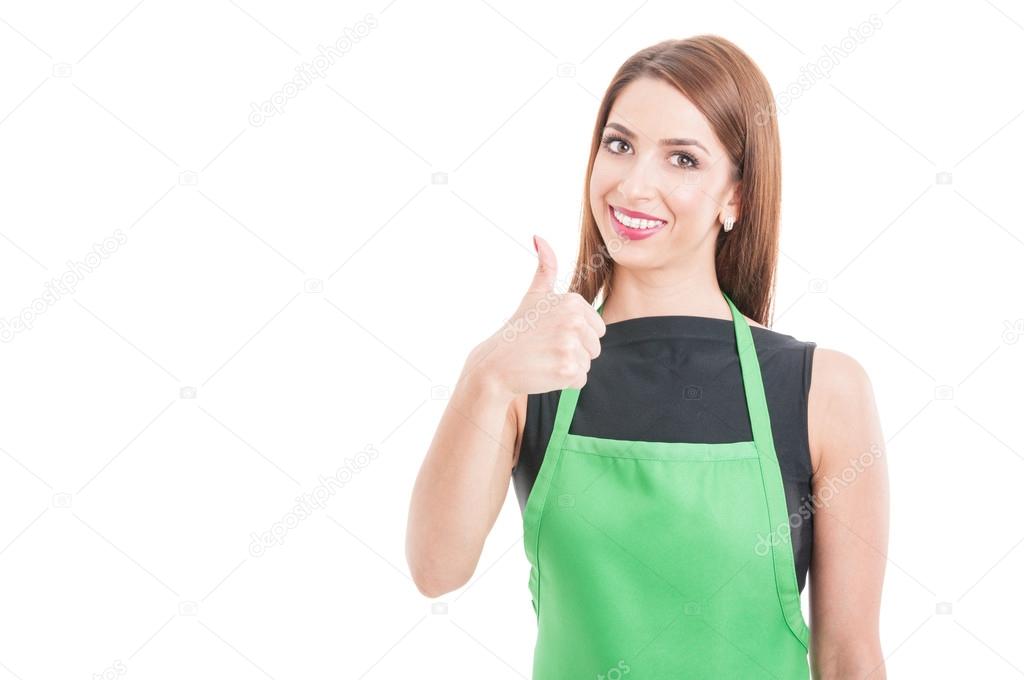 Successful female employee showing thumb up