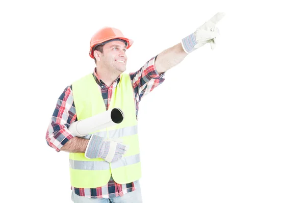 Arquitecto feliz con plan de construcción laminado — Foto de Stock