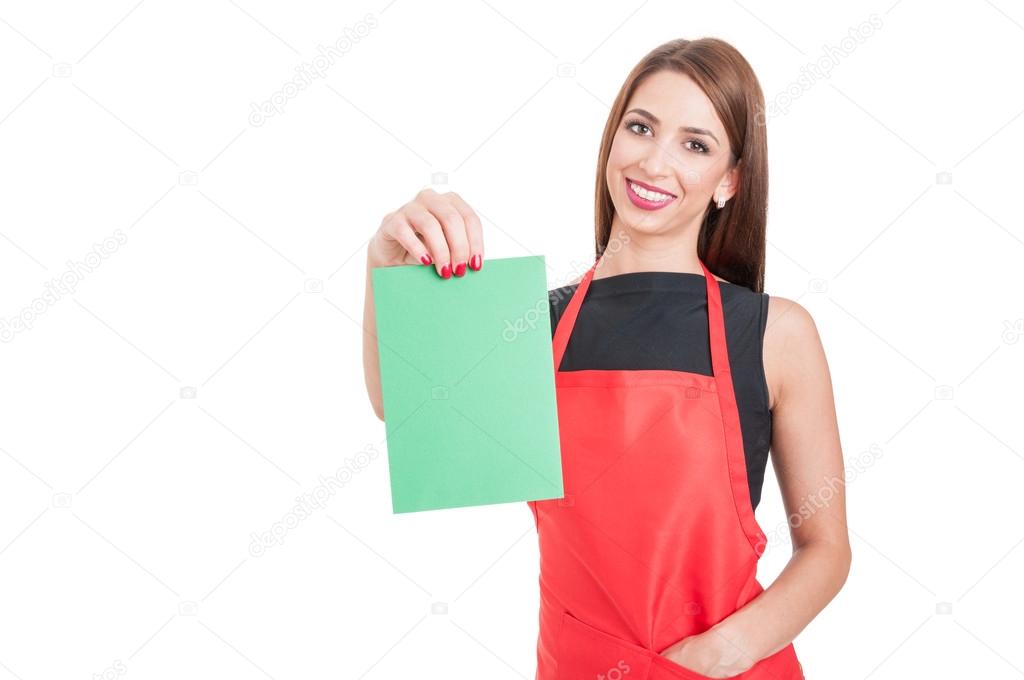 Cheerful female employee holding empty board