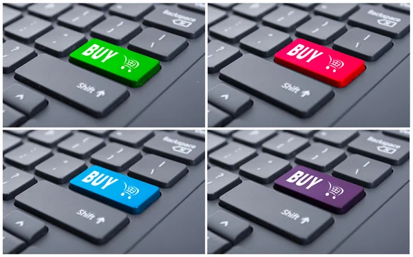 Collage conceptual de botón de compra en el teclado — Foto de Stock