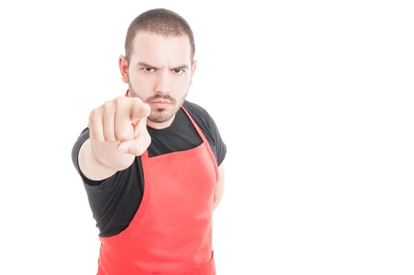 Angry butcher pointing finger at you — Stock Photo, Image