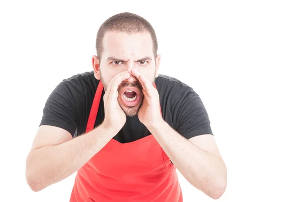 Furious hypermarket seller shouting out loud — Stock Photo, Image