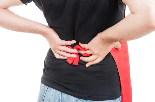 Fechar o mercado dos trabalhadores que sofrem de lesão na coluna vertebral — Fotografia de Stock