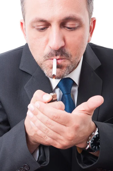 Closeup portrait of manager light up a ciggarette — Stock Photo, Image