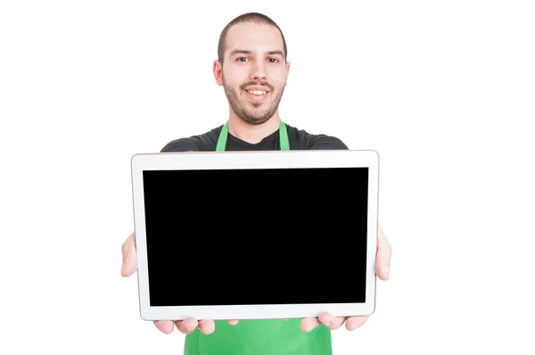 Selective focus of market employee showing black screen tablet — Stock Photo, Image