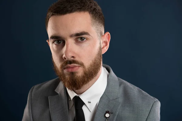 Retrato Joven Caballero Con Traje Gris Bigote Barba Imágenes De Stock Sin Royalties Gratis