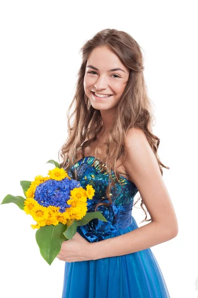 Happy smiling female model with a bouquet of flowers — Stock Photo, Image