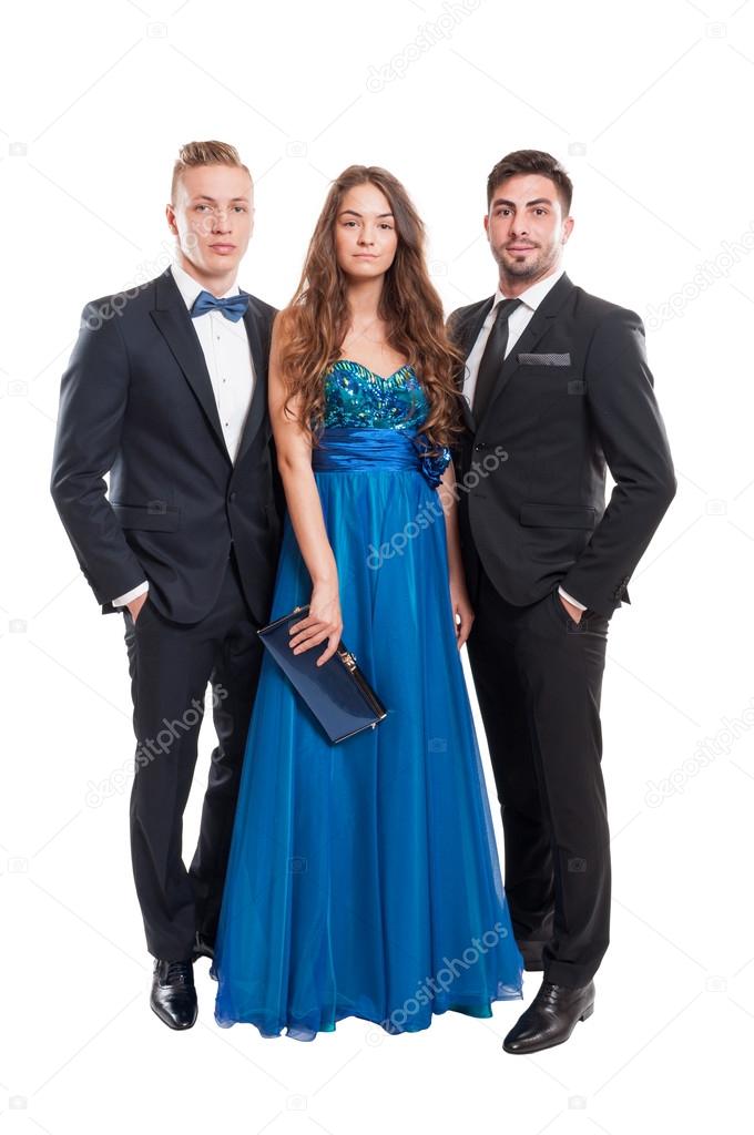 One woman and two men, all dressed elegant