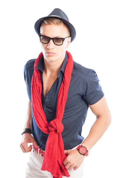 Blue shirt open with red scarf Royalty Free Stock Images