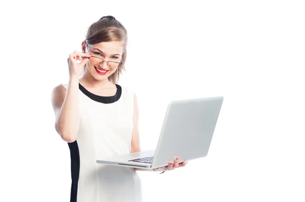 Smart business woman with glasses holding laptop — Stock Photo, Image