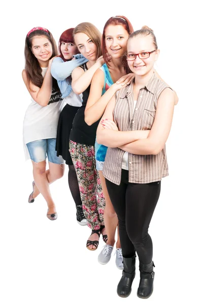 Group of five teen girls smiling — Stock Photo, Image
