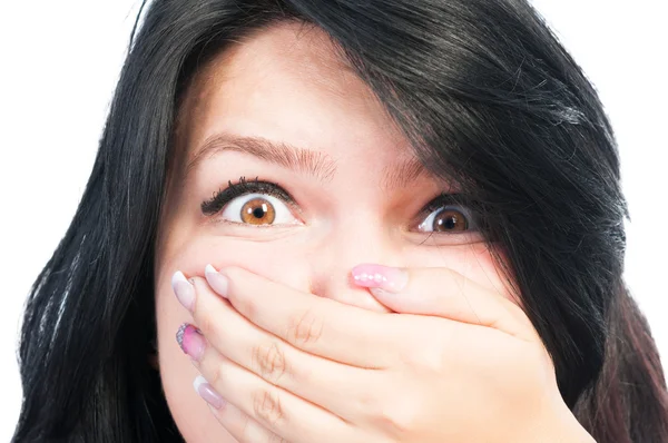 Ragazza spaventata avendo la bocca coperta da un'altra femmina — Foto Stock