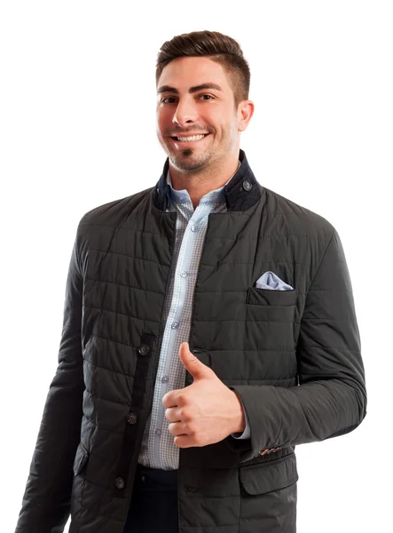 Handsome and funky sales man showing thumbs up — Stock Photo, Image