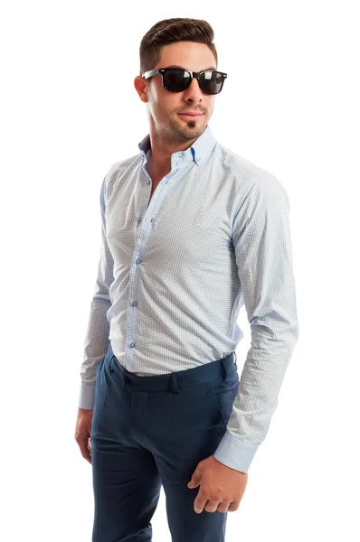 Beautiful male model wearing open shirt and tight pants — Stock Photo, Image