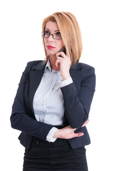 Business woman talking on the phone and thinking — Stock Photo, Image