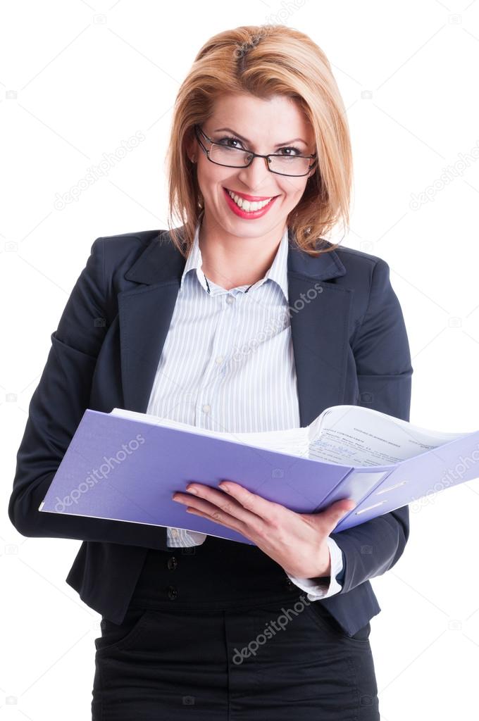 Smiling bussiness woman reading contracts