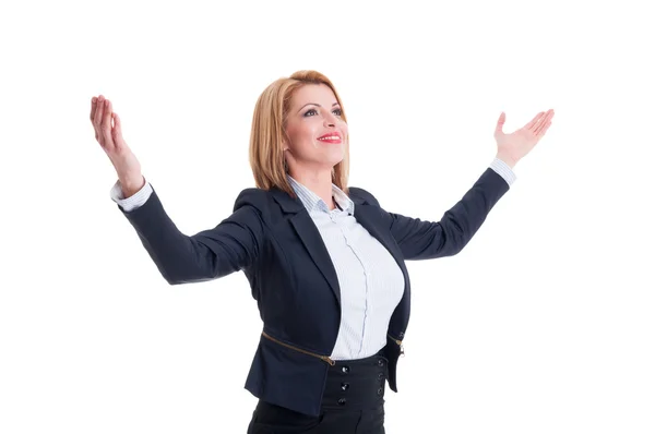 Successful business woman holding arms open wide — Stock Photo, Image