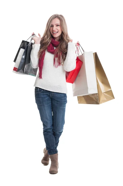 Corpo inteiro de uma mulher de compras feliz — Fotografia de Stock