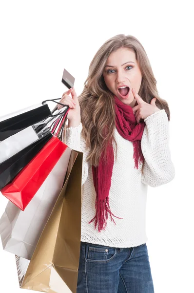 Shopping girl wondering — Stock Photo, Image