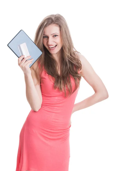 Happy shopping girl holding tablet and card — Stock Photo, Image