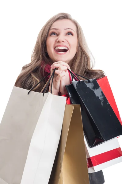 Beautiful shopping woman praying — Stock Photo, Image