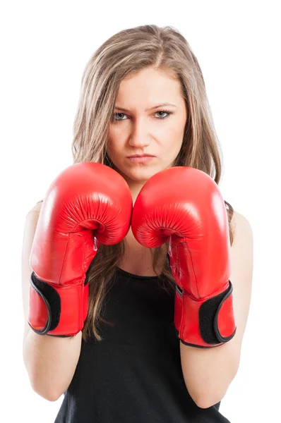 Beautiful feminist wearing red boxing gloves — Stock Photo, Image