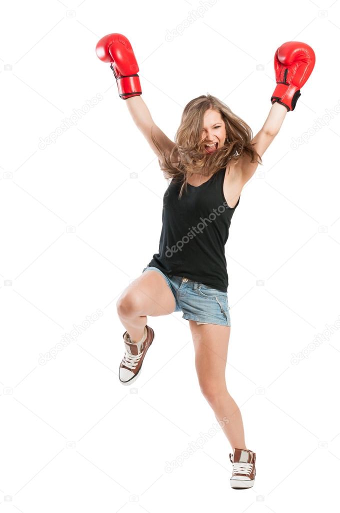 Excited female boxer jumping