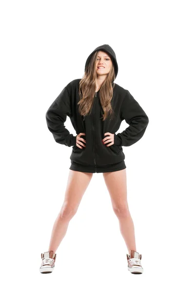 Young female wearing a black hoodie and shoes — Stock Photo, Image