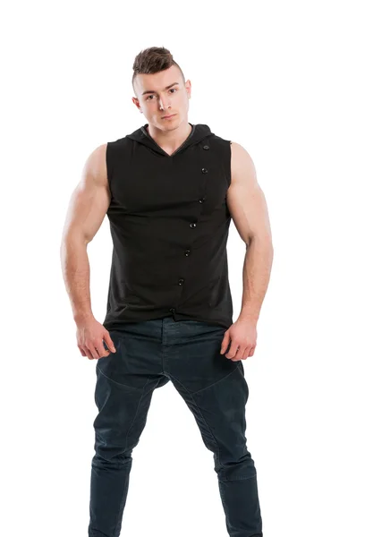 Confident male model wearing black hoodie and jeans — Stock Photo, Image