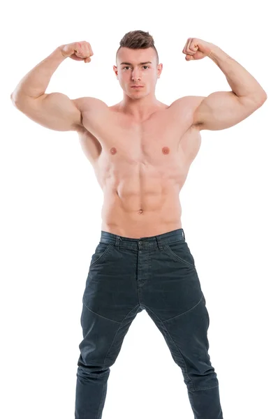 Young fit male posing shirtless on white background — Stock Photo, Image