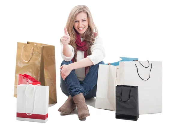 Satisfied shopping woman showing ok or thumb up — Stock Photo, Image