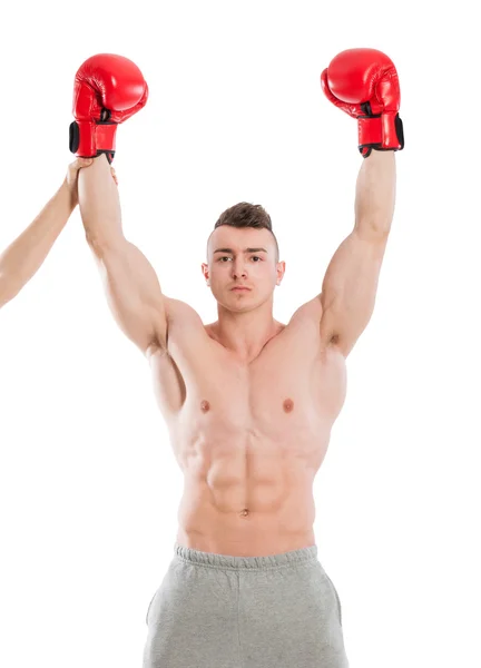 Her iki ellerini yükselterek şampiyonu boksör — Stok fotoğraf