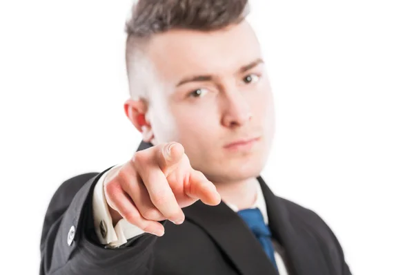 Business man with suit poiting finger at the camera — Stock Photo, Image