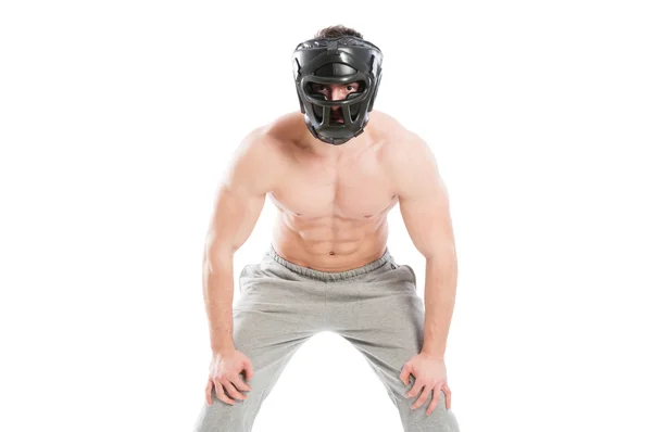 Male fighter wearing protectve helmet — Stock Photo, Image