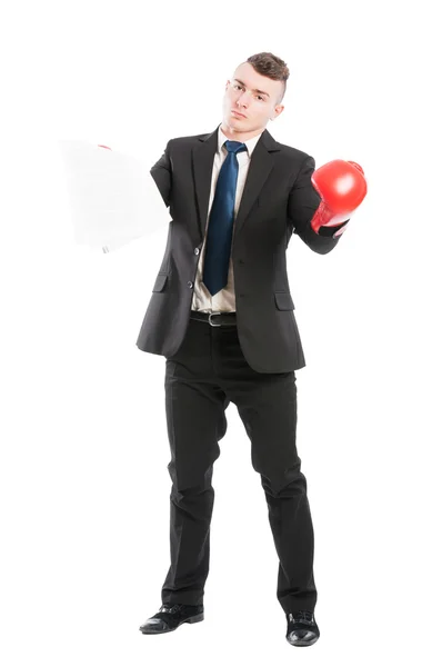 Business man with boxing gloves holding contract — Stock Photo, Image