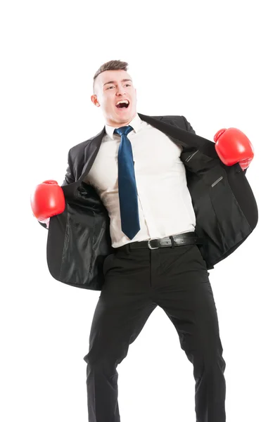 Homem de negócios com luvas de boxe gritando — Fotografia de Stock