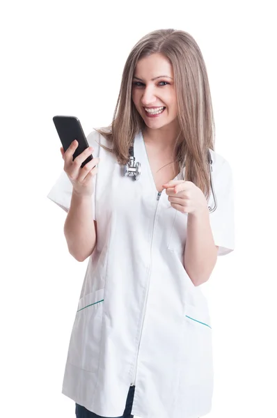 Woman or female doctor using smartphone — Stock Photo, Image