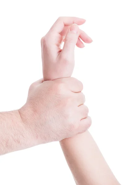 Bezmocná žena ruku uchopit rukou člověka — Stock fotografie