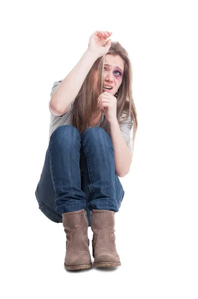 Scared and beaten female protecting herself — Stock Photo, Image