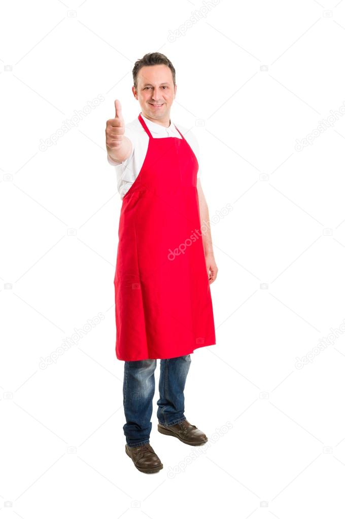 Butcher or supermarket worker showing thumbs up