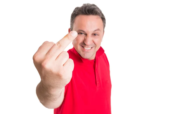 Angry football fan showing middle finger Stock Photo