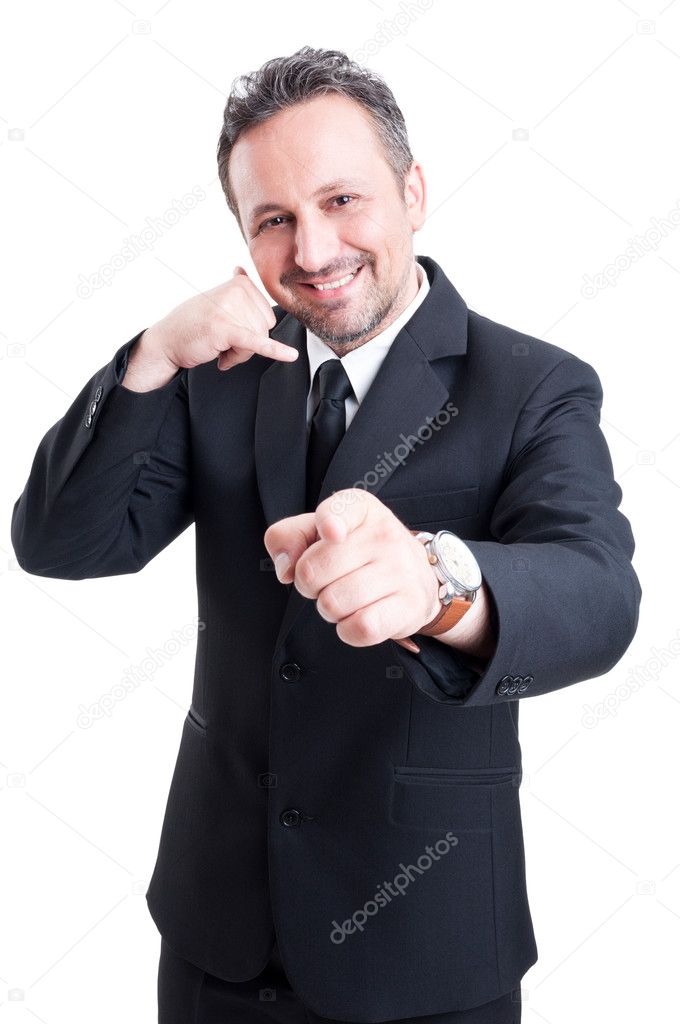 Business man making call or calling gesture