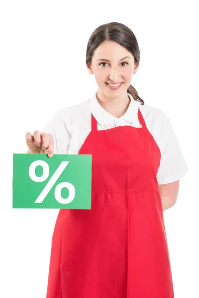 Female hypermarket worker holding sale or discount sign — Stock Photo, Image