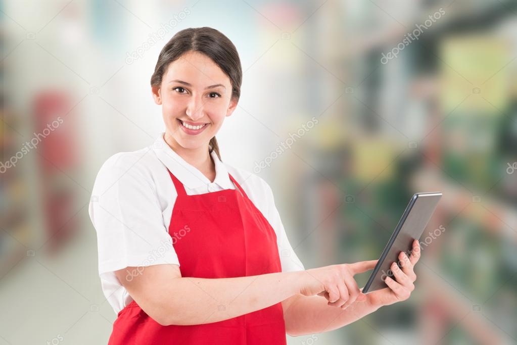 Friendly and modern hypermarket employee