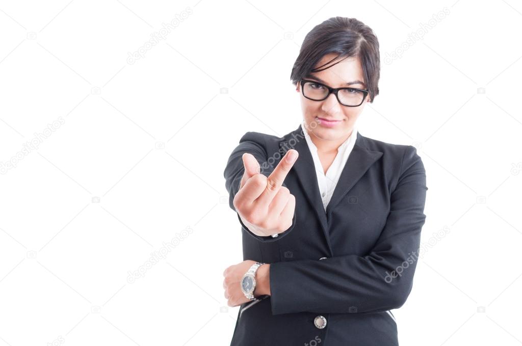 Business woman showing obscene middle finger