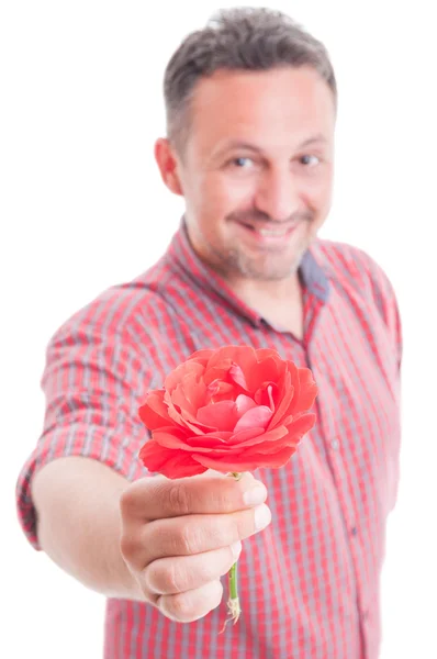 赤い花を提供している笑みを浮かべて男 — ストック写真