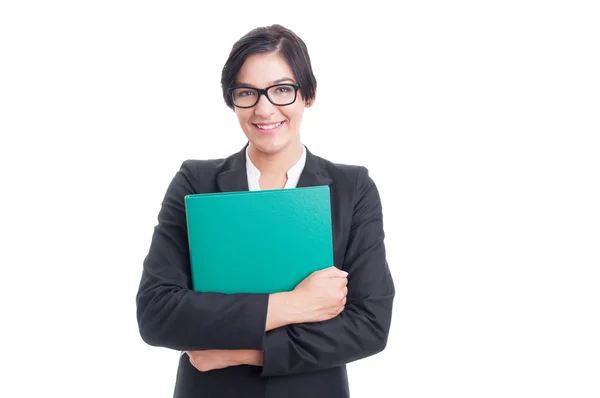 Happy and friendly woman holding a file folder — Stock Photo, Image